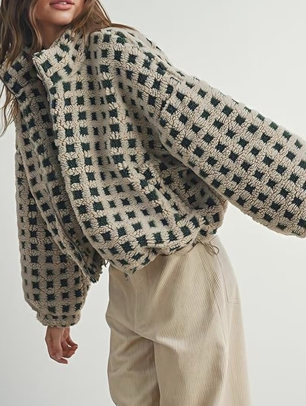 Plaid Pattern Fuzzy Stand Collar Zip-Up Cropped Jacket Loose Outerwear Top